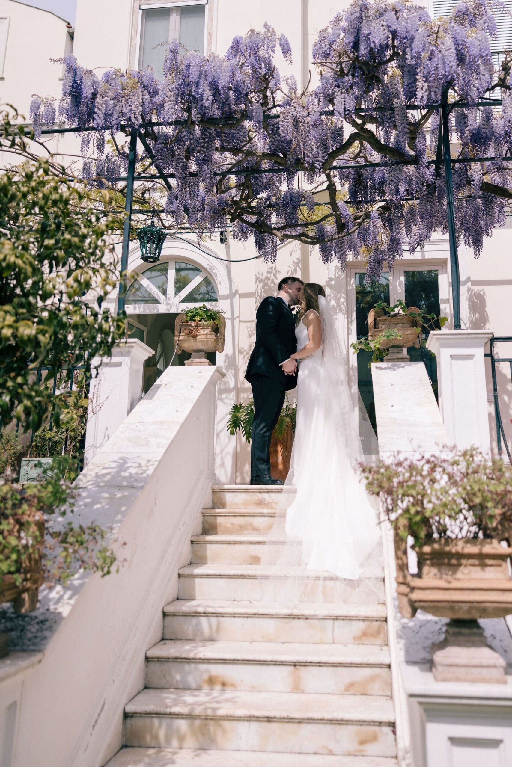 The first look between the bride and groom at their hotel in Sorrento, Italy
