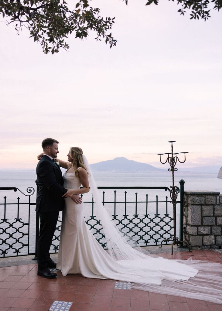 Bride and groom couples portraits before reception at Villa Antiche Mura with views of Mount Vesuvius in the background
